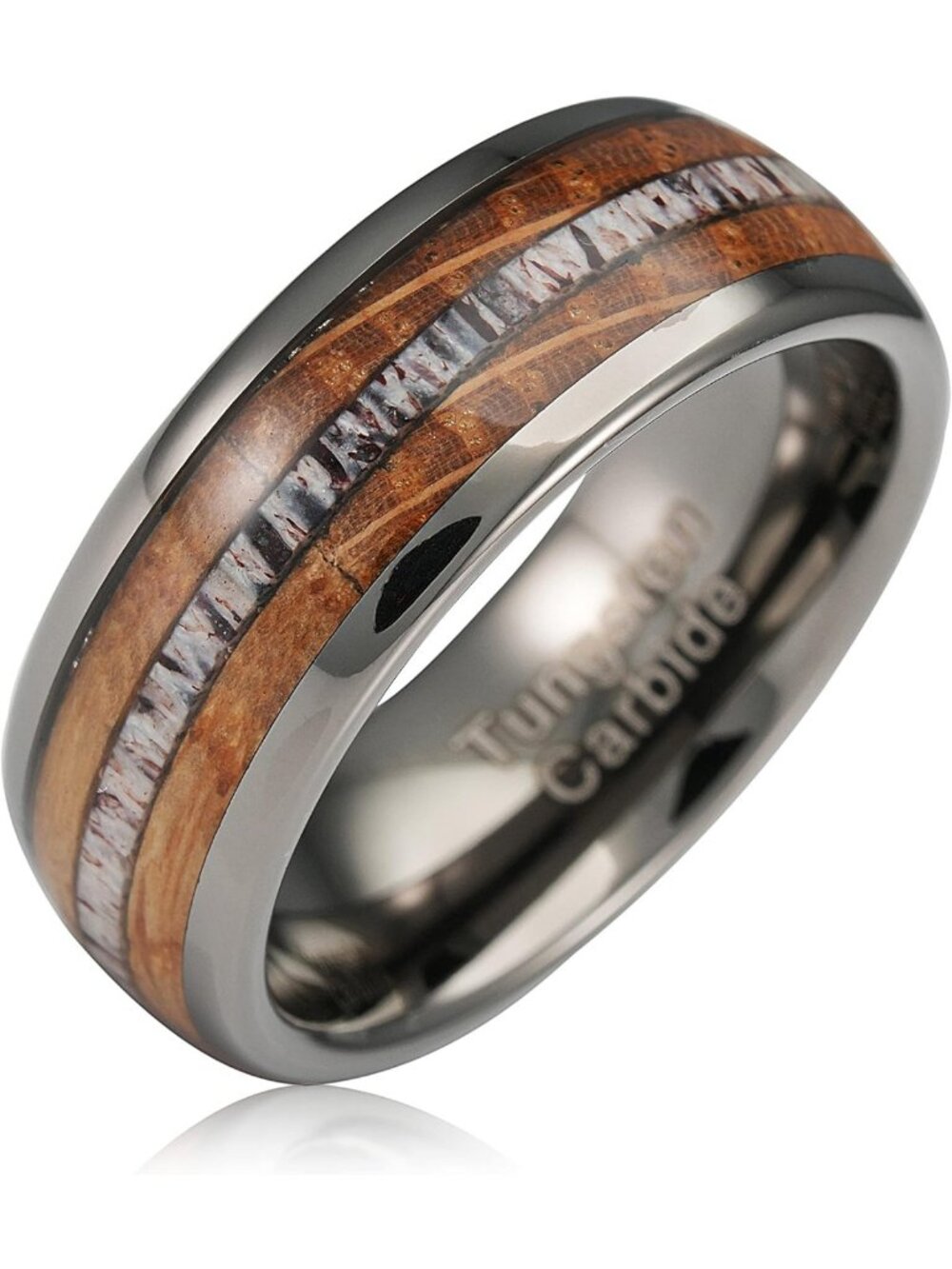 Stylish Gunmetal Gray Tungsten Rings for Men with Wood & Antler Inlay, Sizes